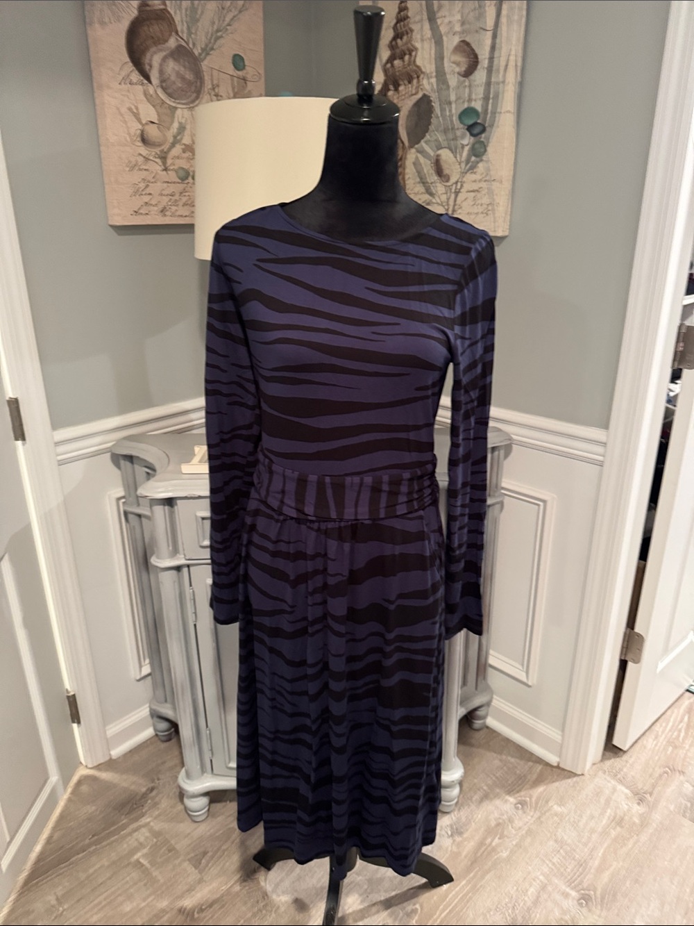 Boden Black and Deep Blue Zebra-Print Long Sleeve Midi Dress